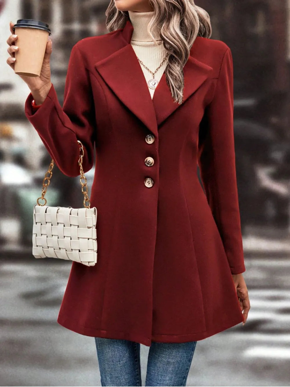 Collared Neck Button Up Long Sleeve Coat in Deep Red