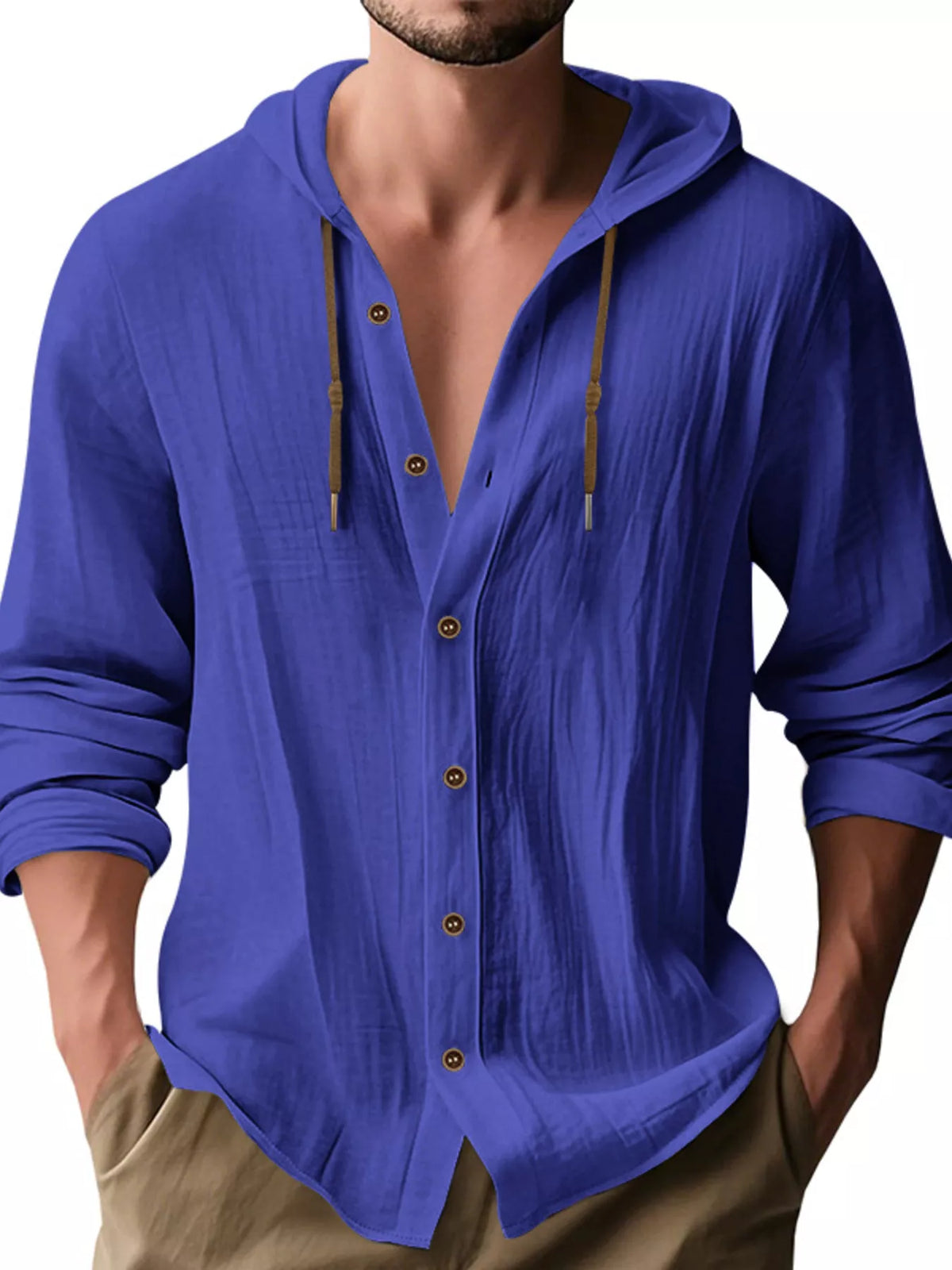 Men's Full Size Drawstring Button Up Hooded Shirt Plus Size - Lilixa.store