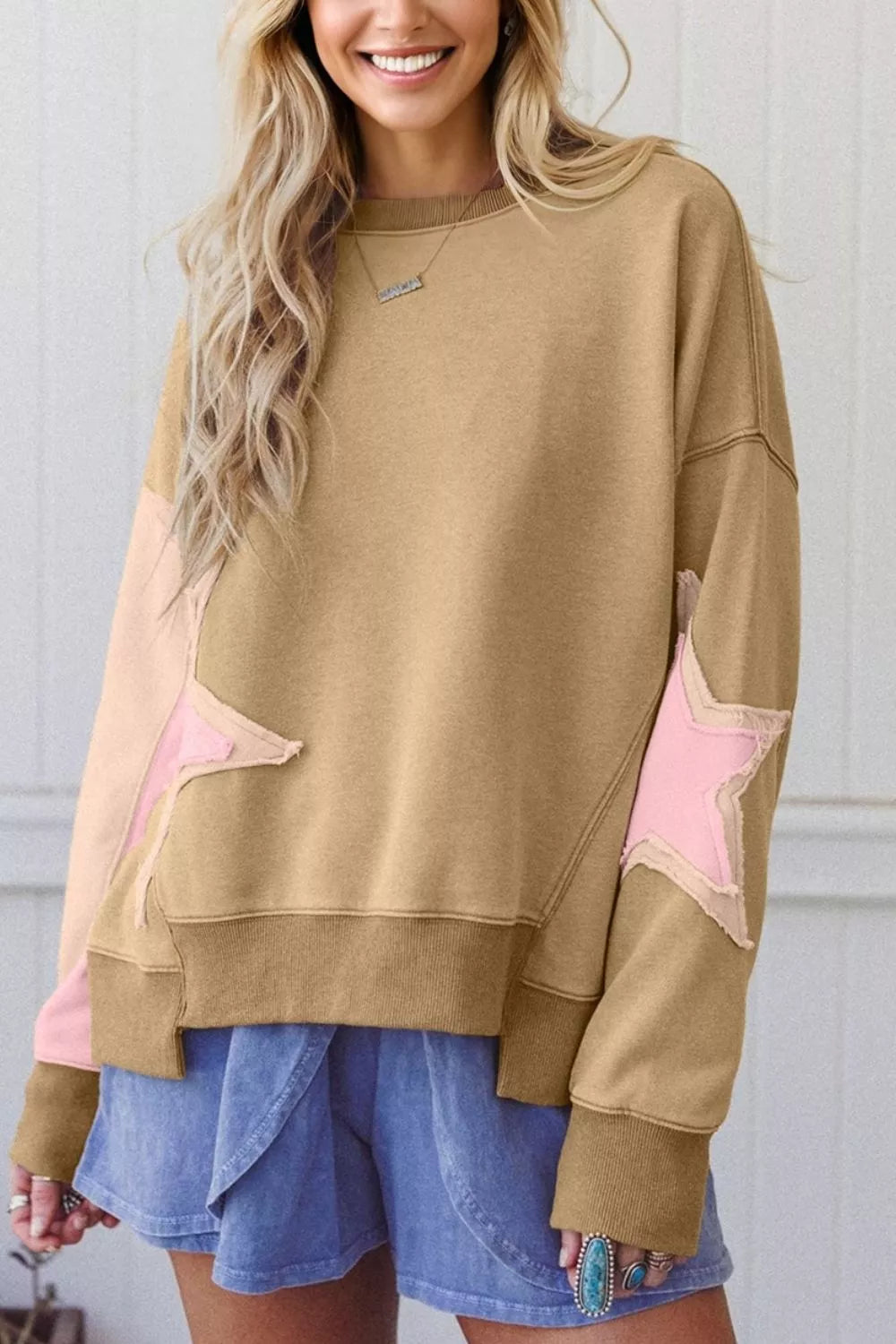 Star Patch Crew Neck Sweatshirt in Tan