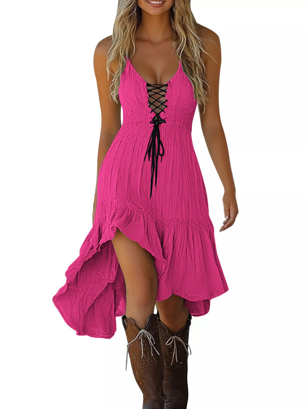 Lace-Up Front High-Low Ruffle Hem Dress in Rose Red