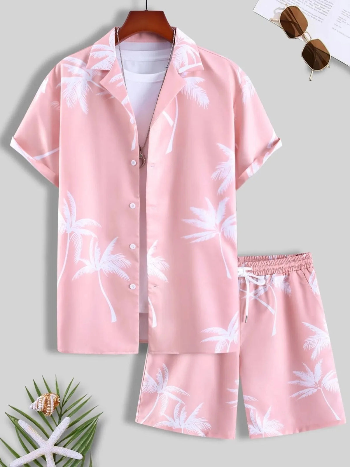 Men's Full Size Palm Print Button Up Shirt and Shorts Set Plus Size in Pink