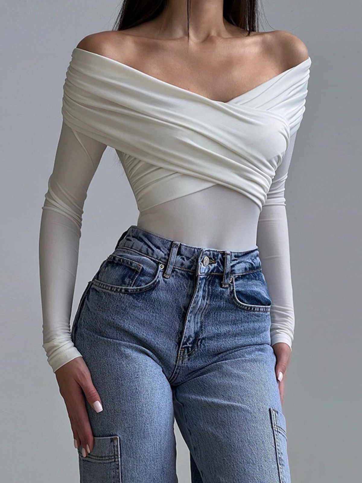 Off-Shoulder Ruched Long Sleeve Bodysuit - Lilixa.store