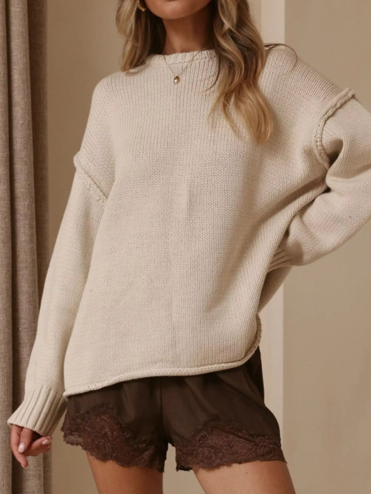 Crew Neck Dropped Shoulder Sweater