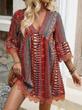 Lace Trim Printed V-Neck 3/4 Sleeve Dress - Lilixa.store