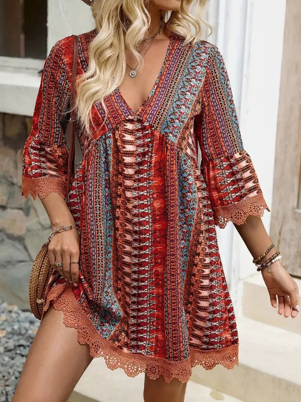 Lace Trim Printed V-Neck 3/4 Sleeve Dress - Lilixa.store