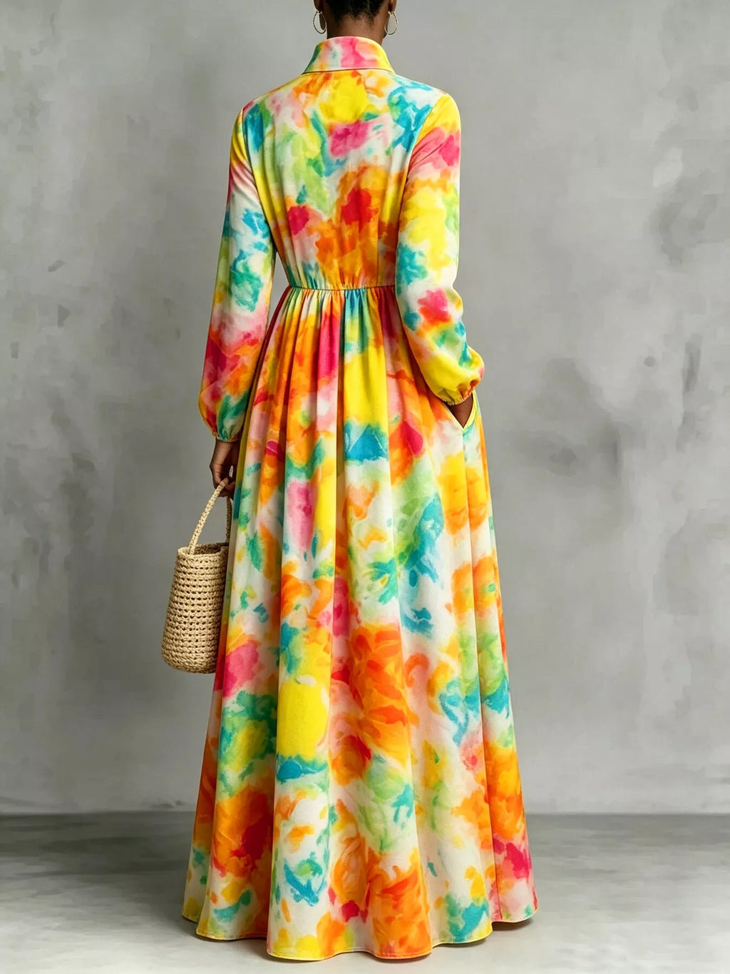 Watercolor Print Long-Sleeve Button-Down Maxi Dress - Lilixa.store