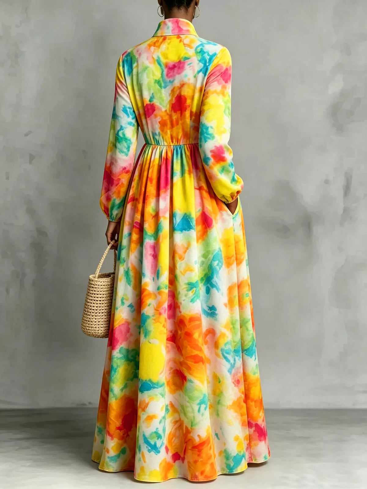 Watercolor Print Long-Sleeve Button-Down Maxi Dress - Lilixa.store