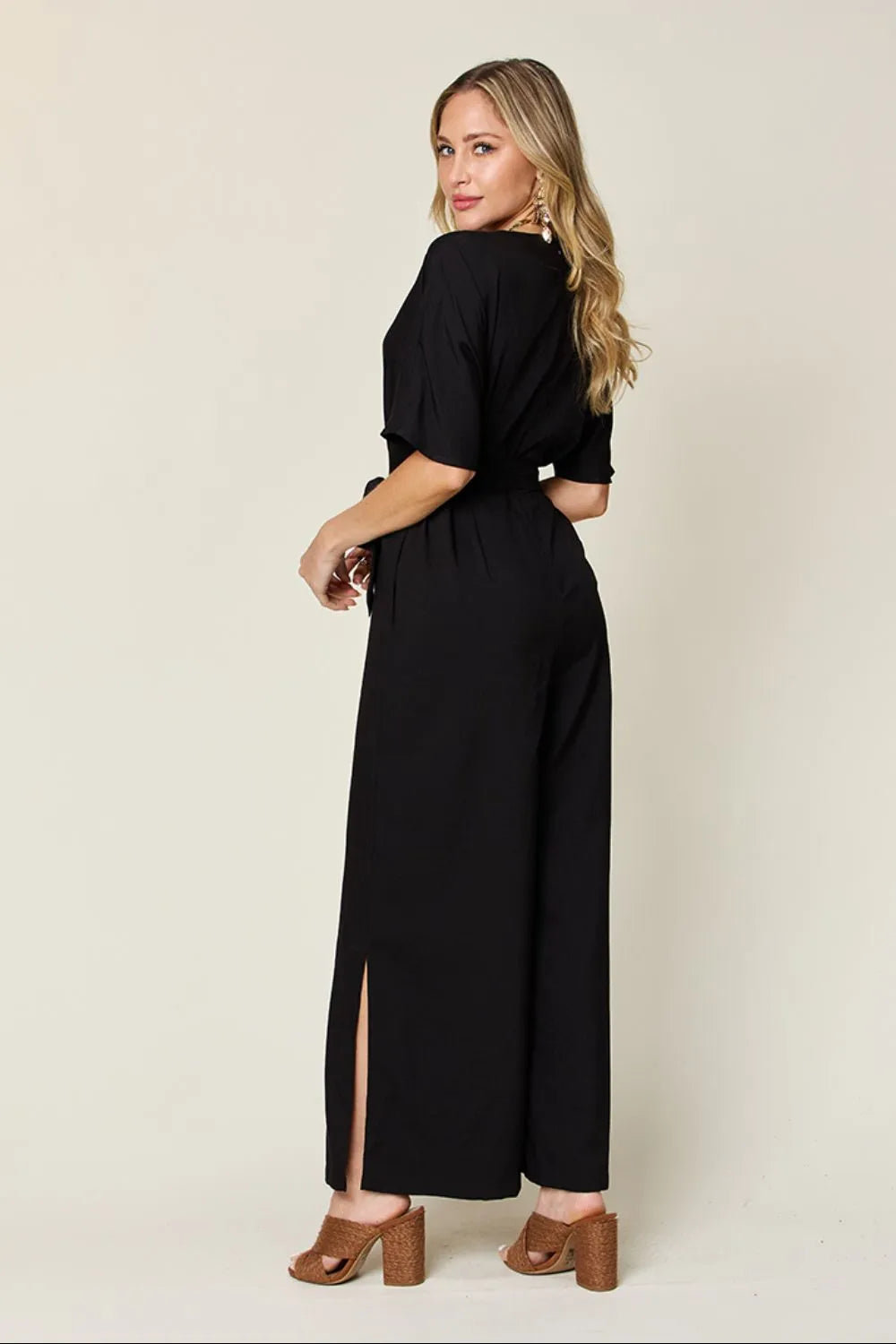 Double Take Full Size V-Neck Tied Side Slit Jumpsuit in Black, view 2