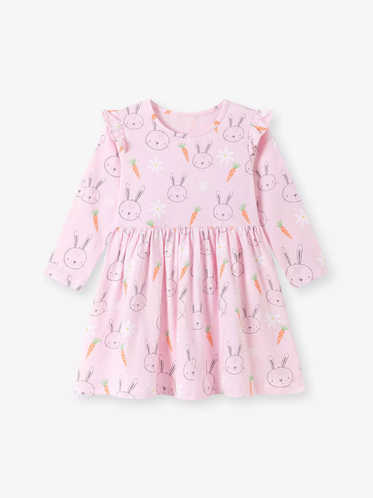 Children's Bunny and Carrot Print Ruffle Sleeve A-Line Dress - Lilixa.store