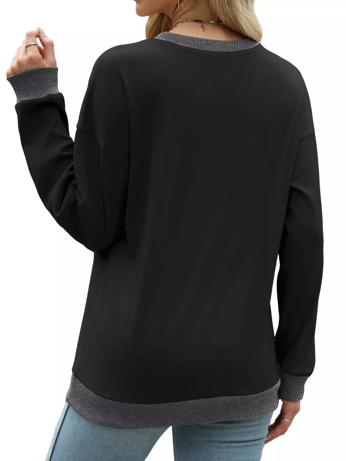 Contrast Trim Crew Neck Casual Sweatshirt - Lilixa.store