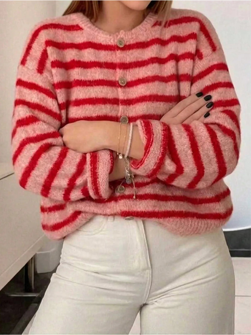 Striped Button-Down Cardigan - Lilixa.store