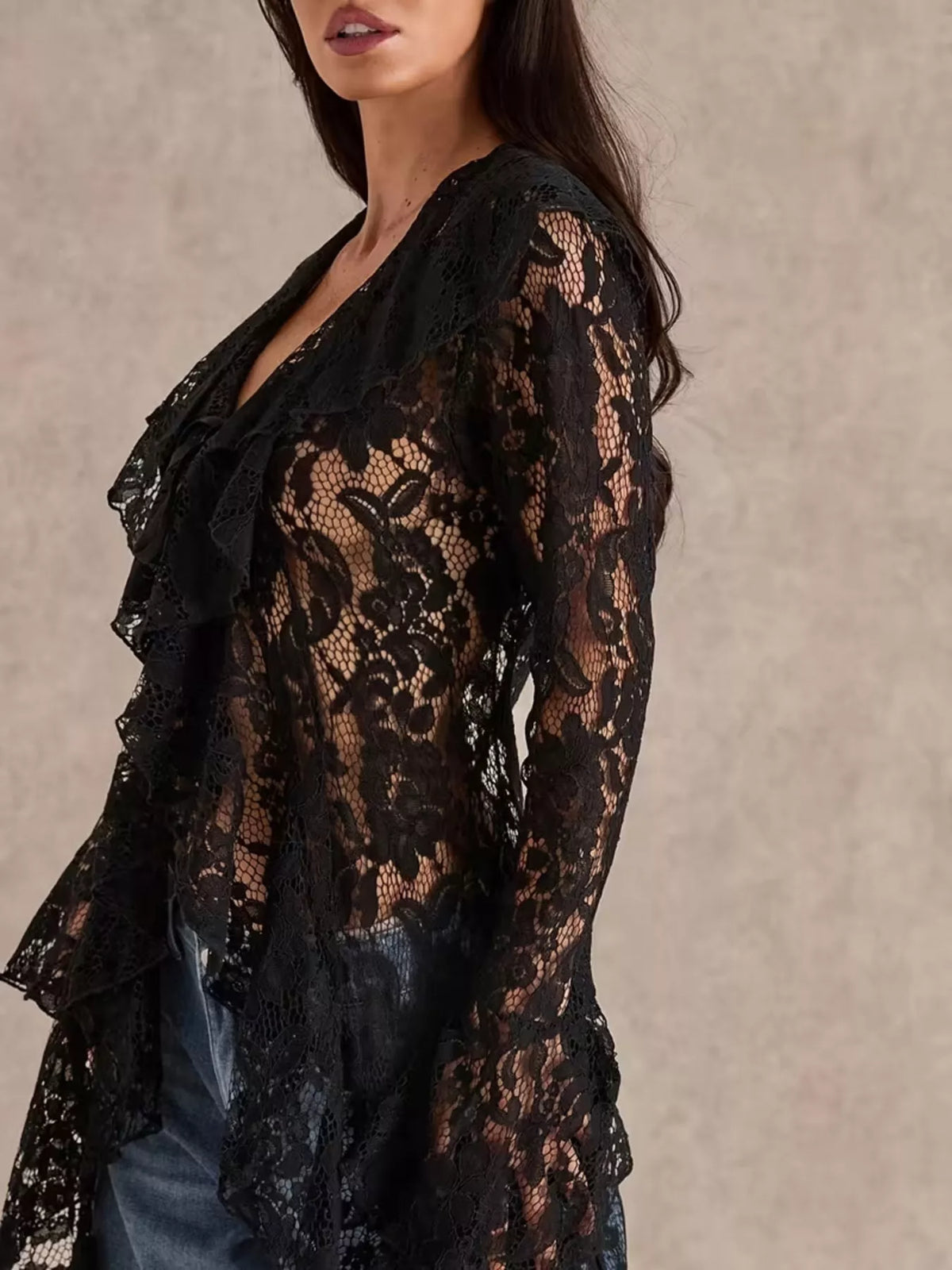 Lace Ruffle Trim High-Low Blouse - Lilixa.store