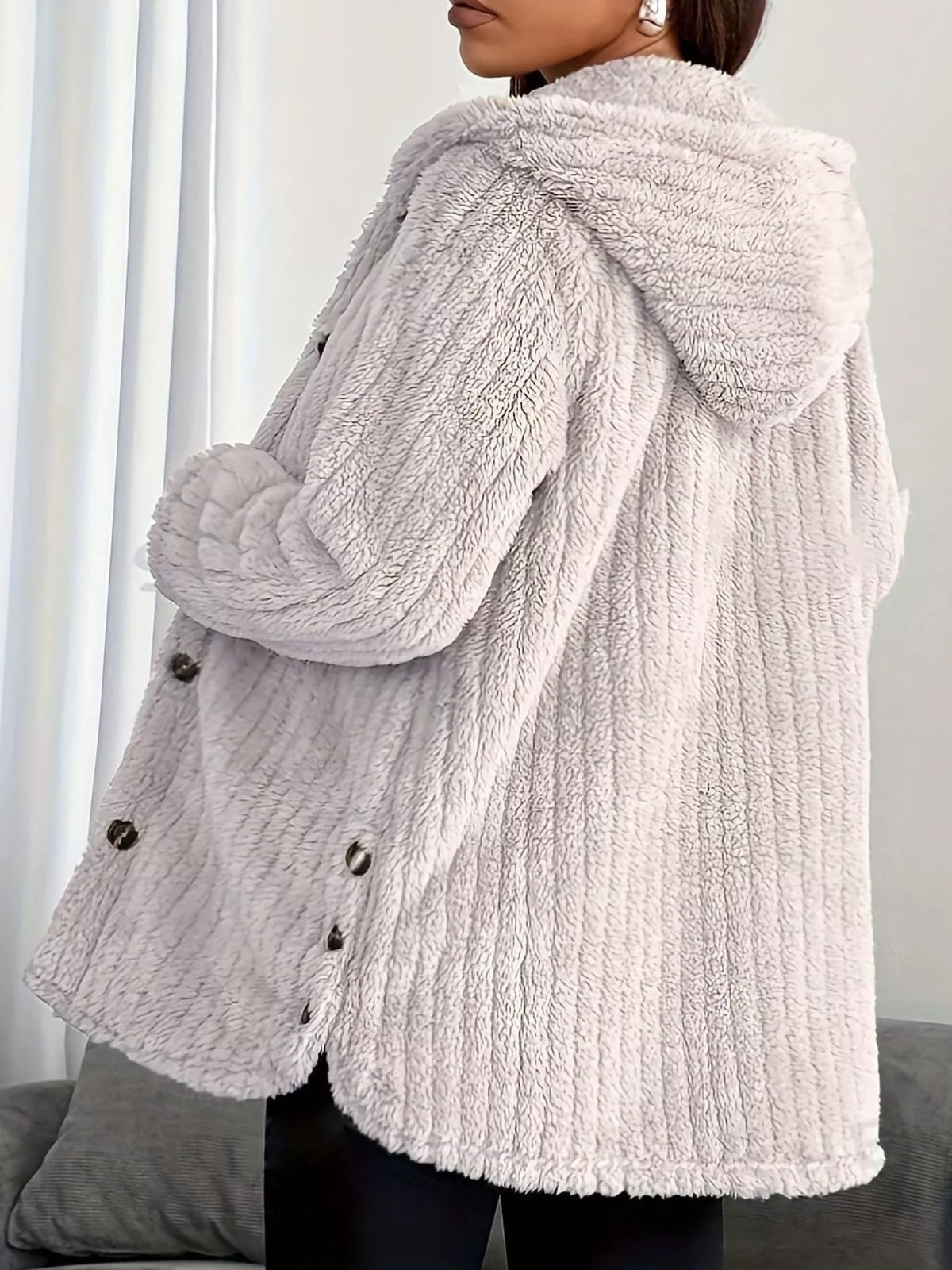 Full Size Fleece Button Up Hooded Outerwear Plus Size, view 3