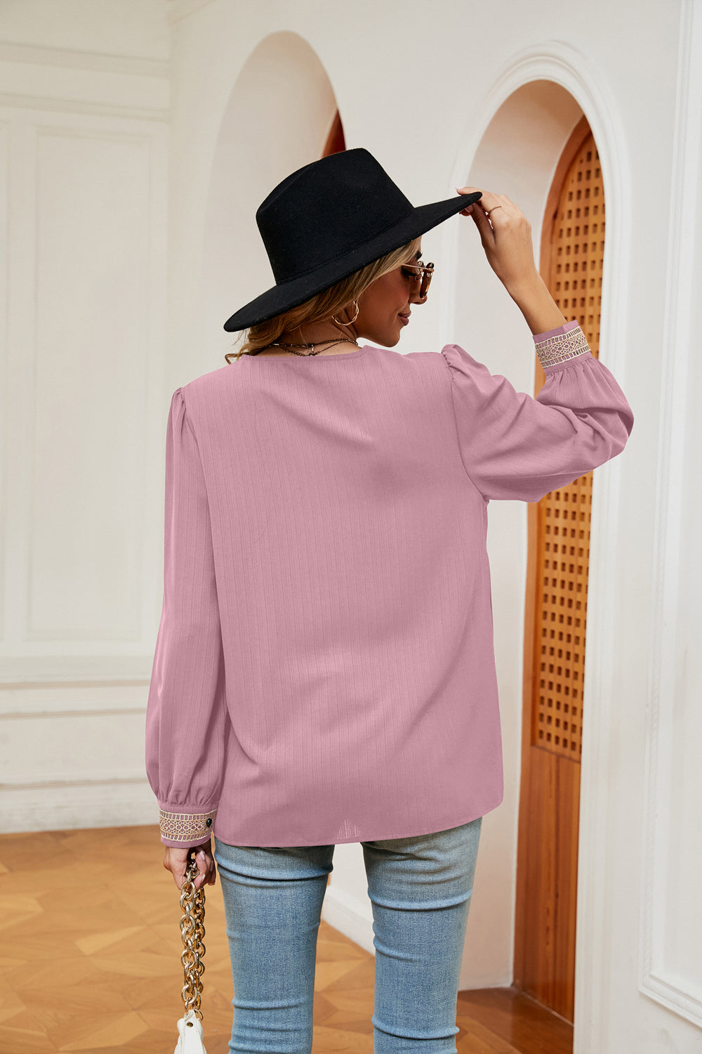Contrast Puff Sleeve Blouse, view 6