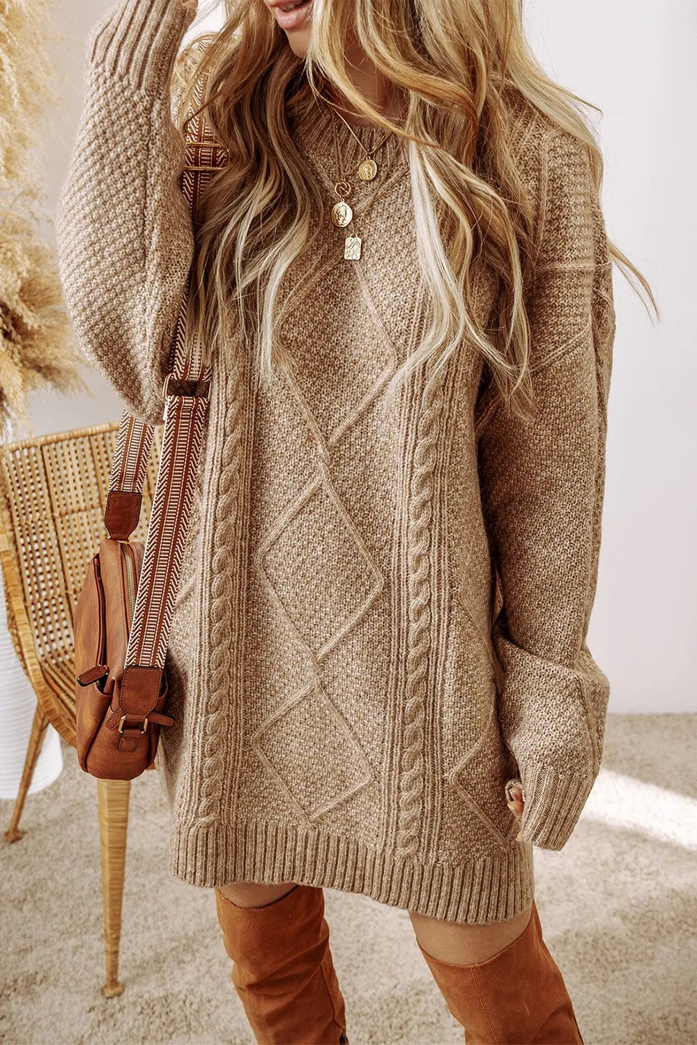 Cable-Knit Round Neck Sweater Dress, view 10