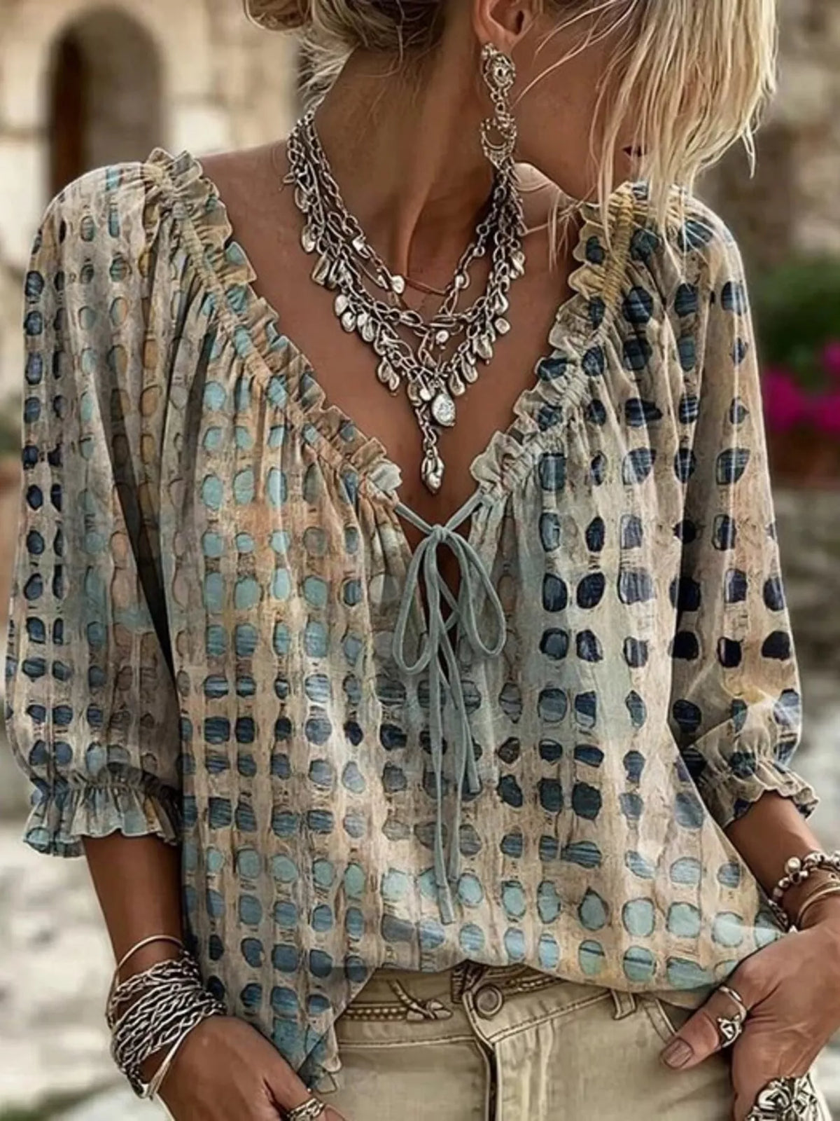 Full Size Tie Neck 3/4 Sleeve Blouse Plus Size