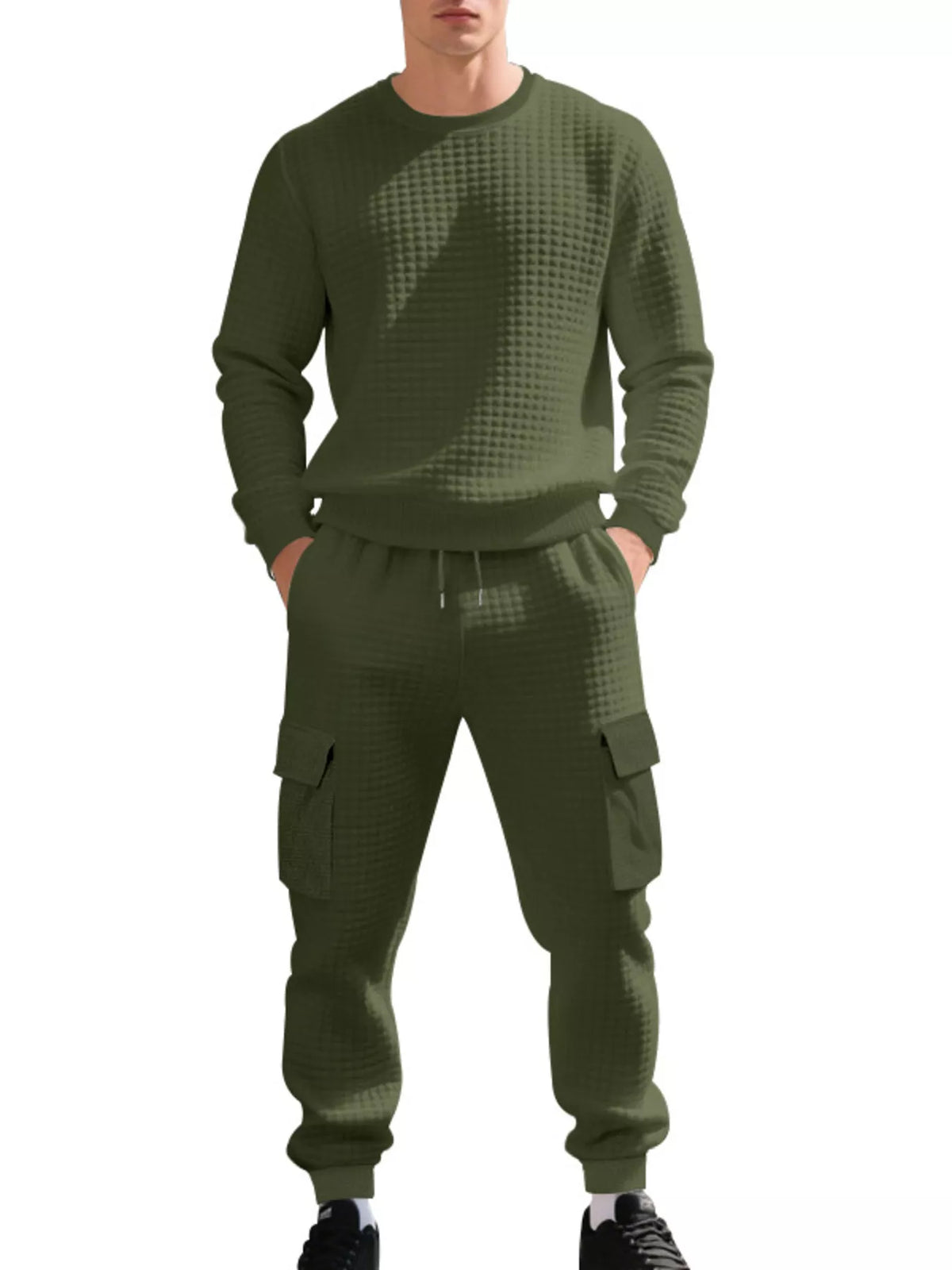 Men's Plus Size Waffle Knit Textured Crewneck Sweatshirt and Jogger Set - Lilixa.store