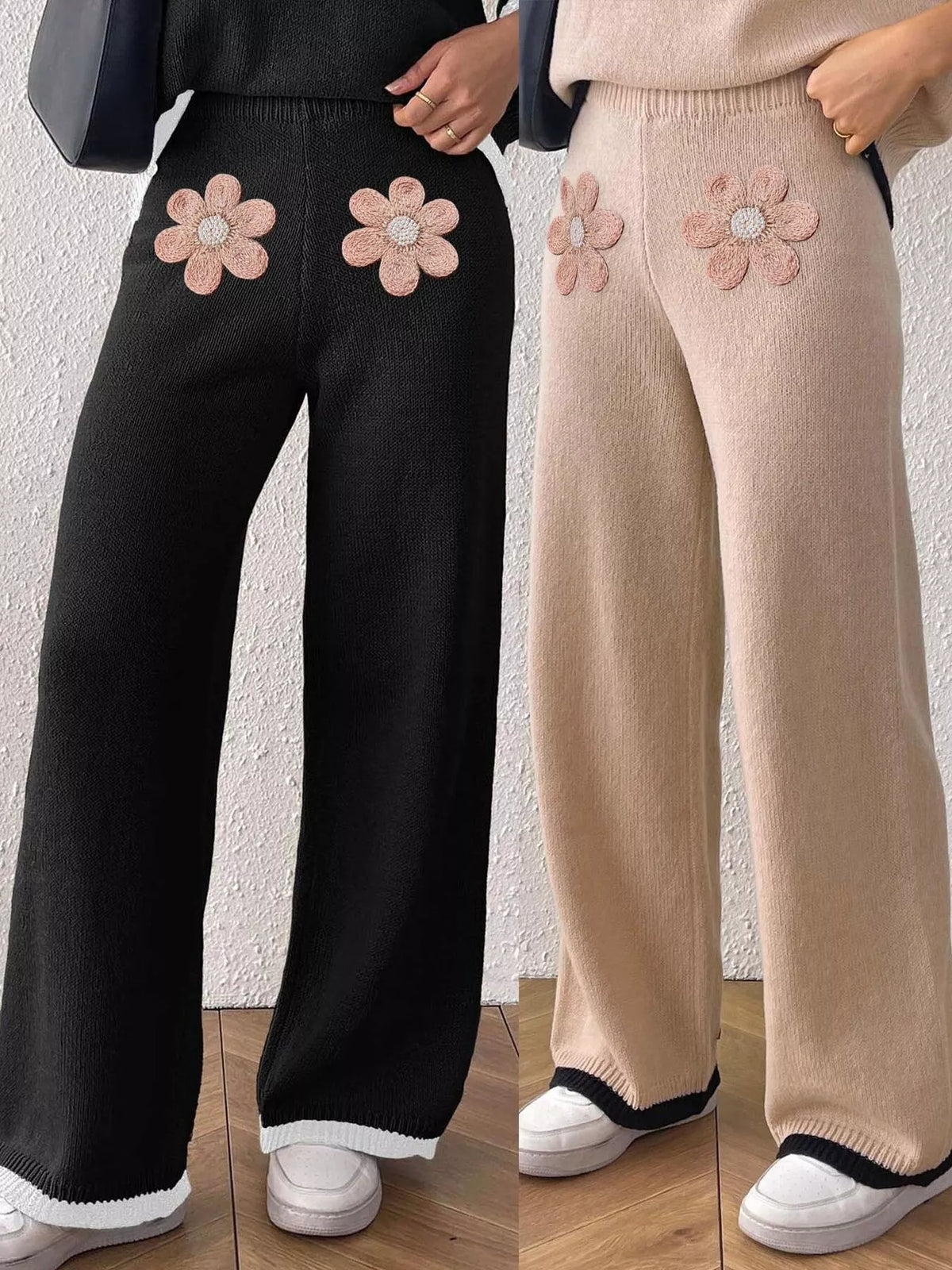 Floral Applique High-Waisted Wide-Leg Sweater Pants