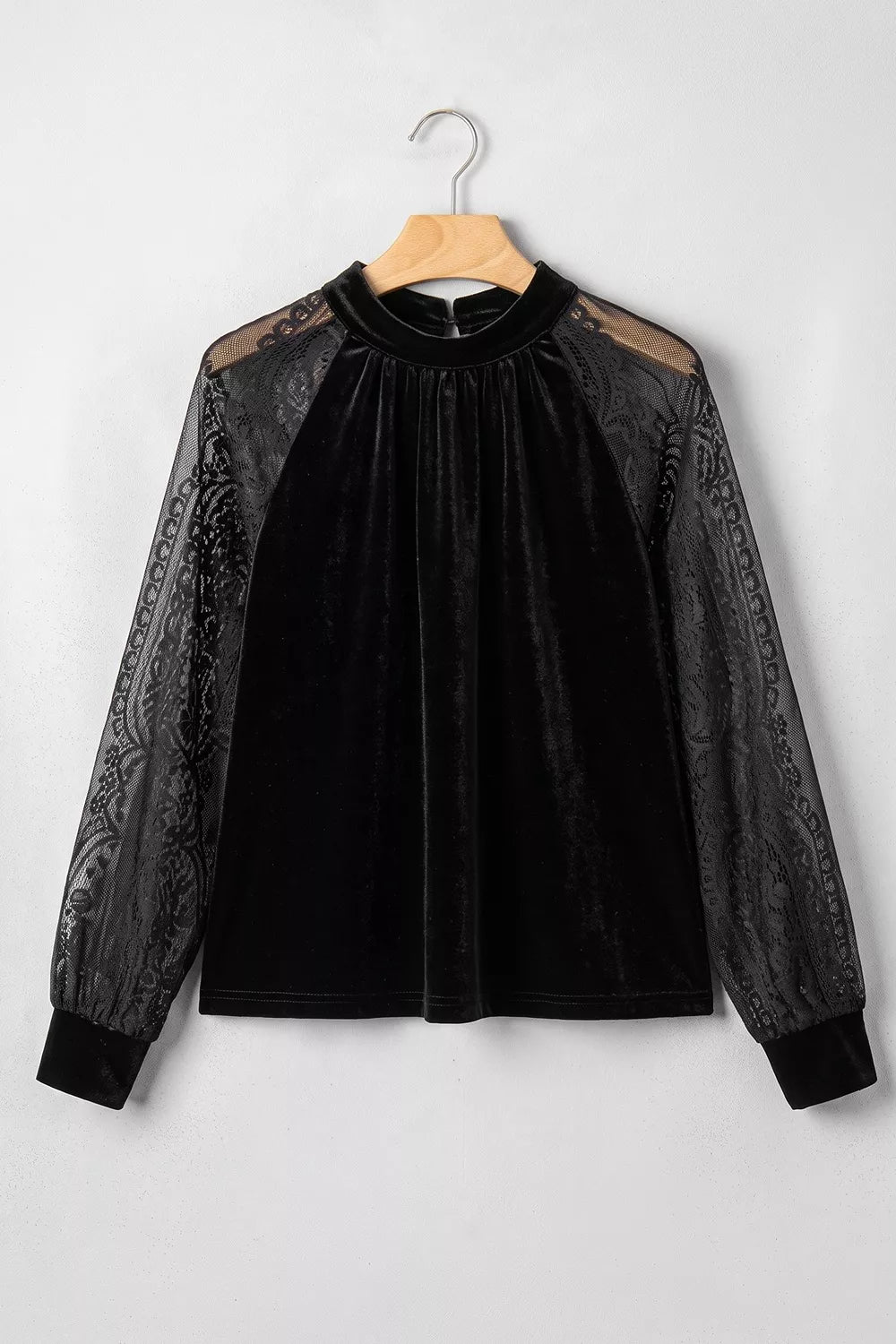 Solid Color Sheer Lace Long Sleeve Patchwork Stand Neck Velvet Blouse - Lilixa.store