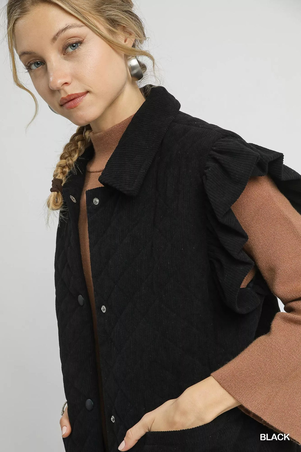 Umgee Corduroy Quilted Ruffle Sleeve Vest - Lilixa.store