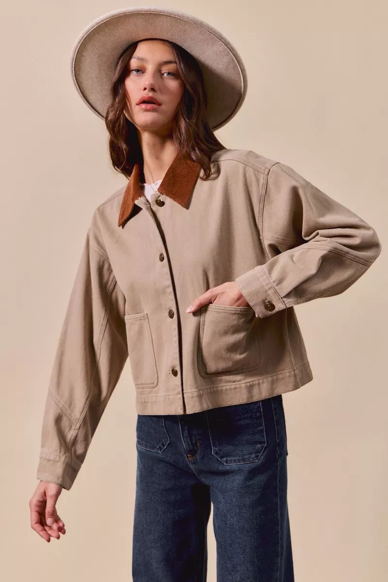 SO ME Cotton Twill Cropped Barn Jacket wtih Collar in Taupe, view 4