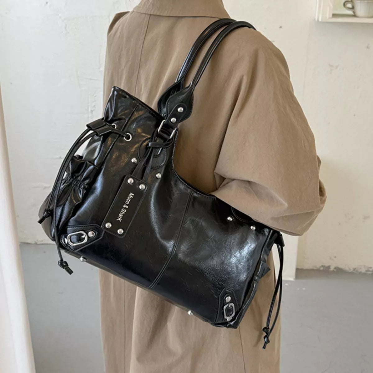 Drawstring Leather Handbag