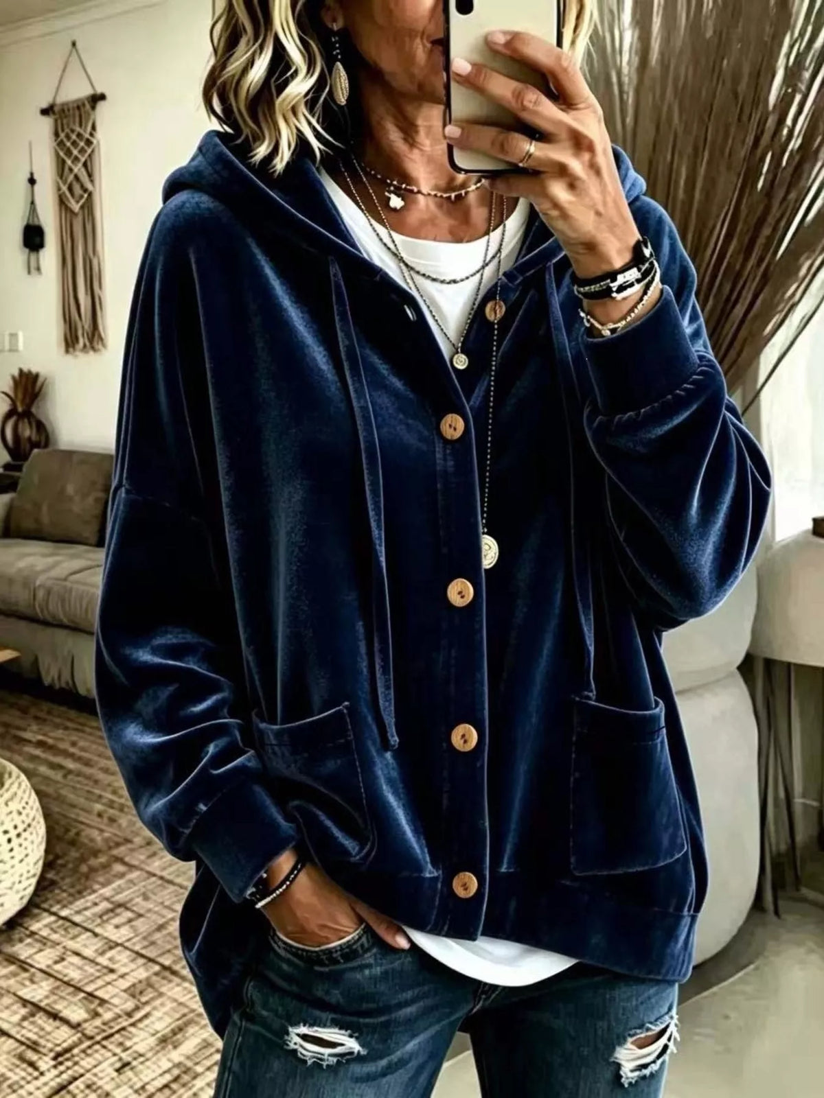 Full Size Casual Button-Down Hooded Outerwear Plus Size in Navy