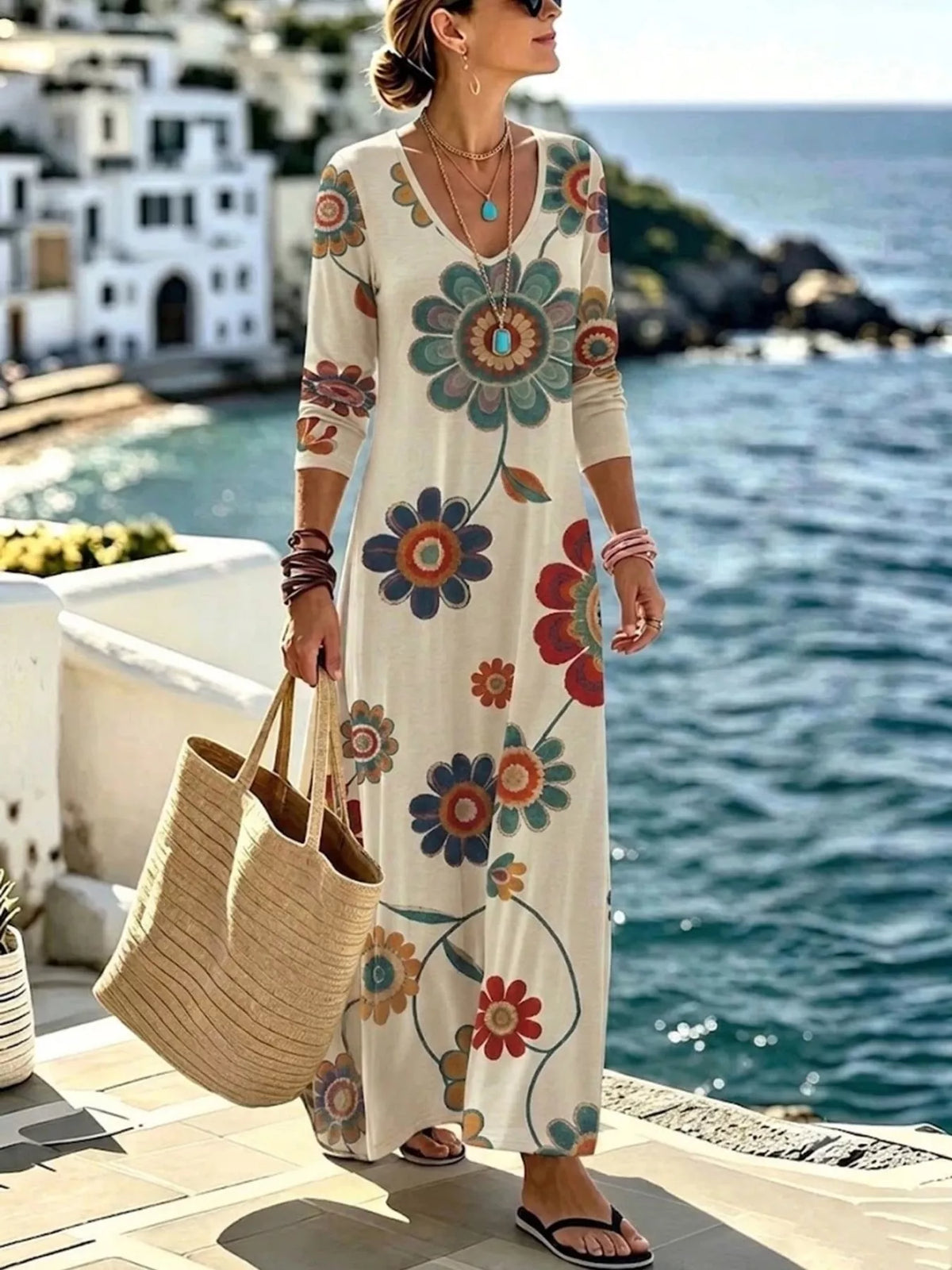 Floral Print V-Neck Long Sleeve Maxi Dress