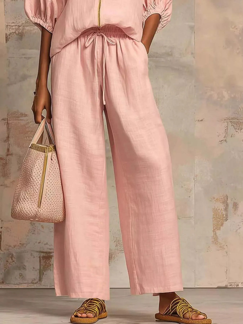 Full Size Zip-Front Top and Wide-Leg Pants Set Plus Size - Lilixa.store