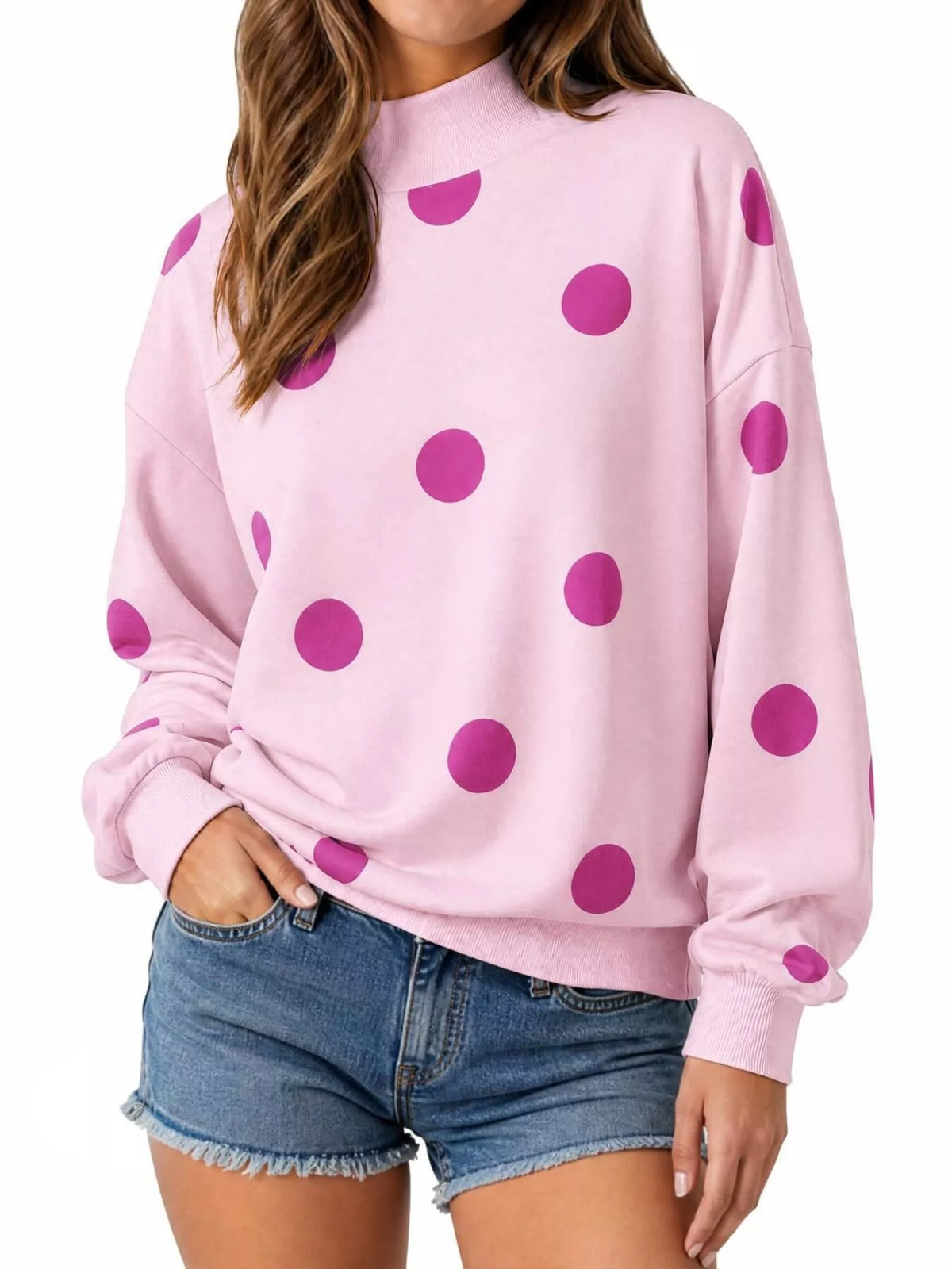 Mock Neck Polka Dot Print Oversized Sweatshirt - Lilixa.store