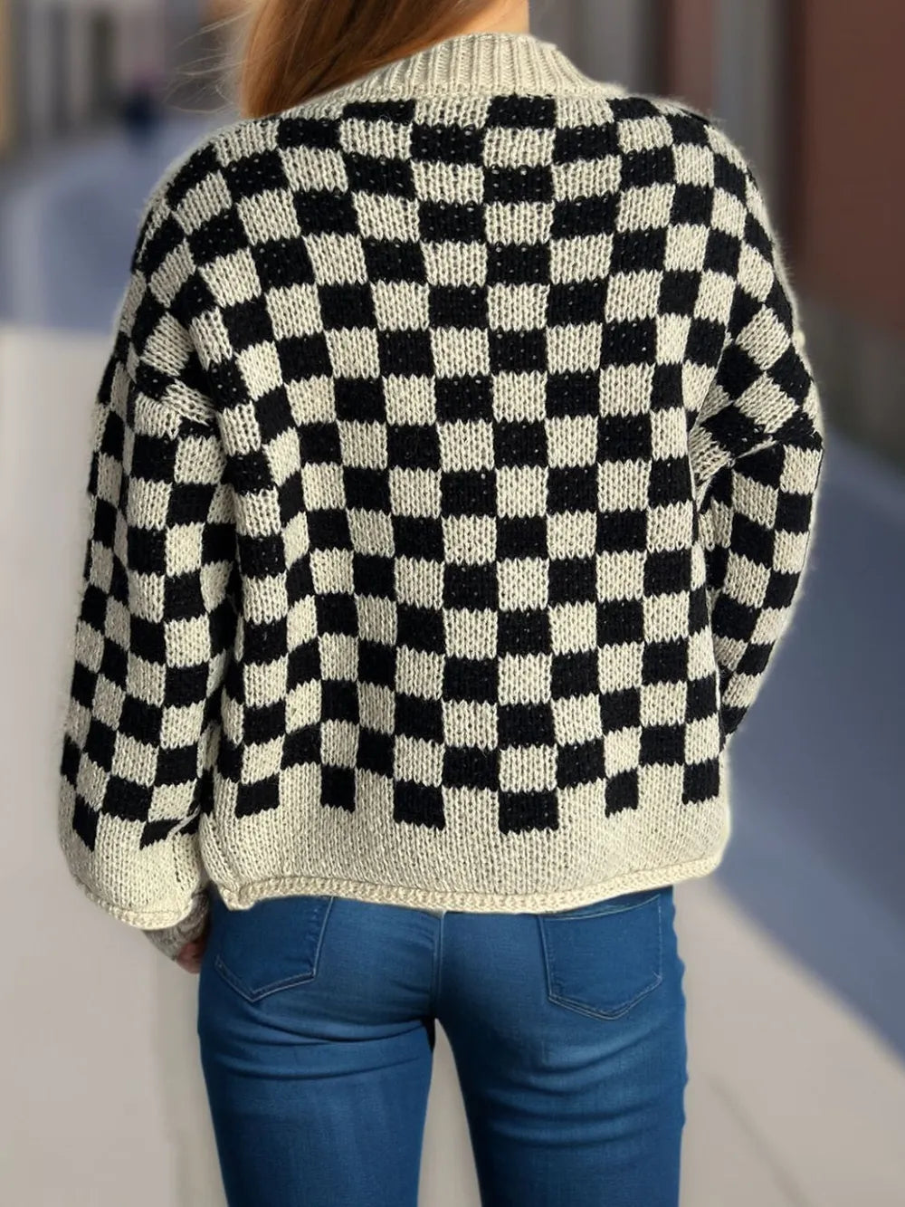 Checkered Button Up Round Neck Cardigan - Lilixa.store