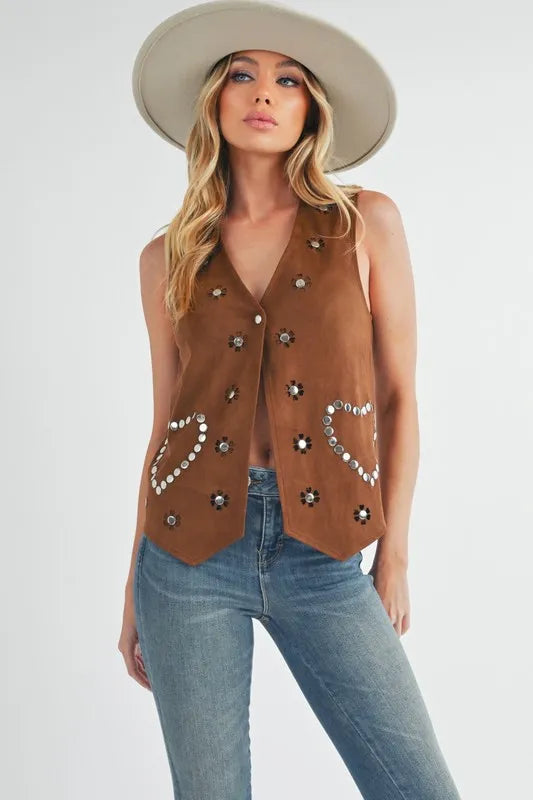Aemi + Co Heart Rivet Detail Suede Vest Coat in Brown, view 2