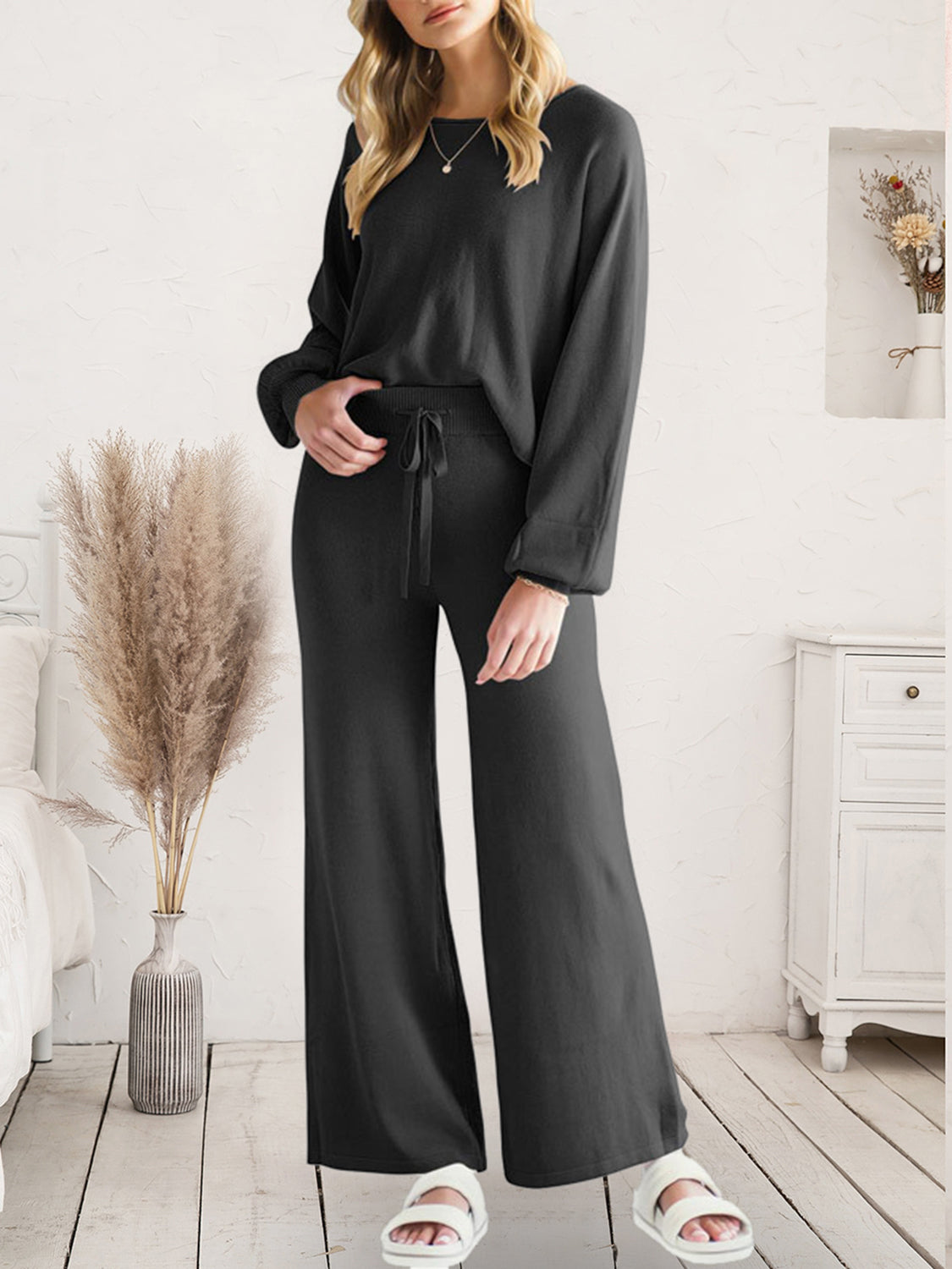 Long Sleeve Lounge Top and Drawstring Pants Set - Lilixa.store
