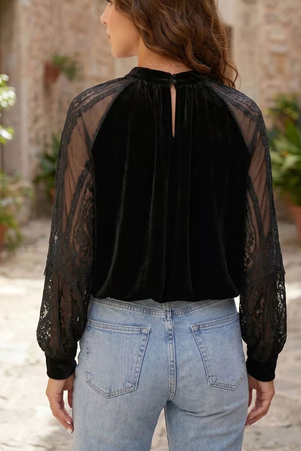 Solid Color Sheer Lace Long Sleeve Patchwork Stand Neck Velvet Blouse - Lilixa.store