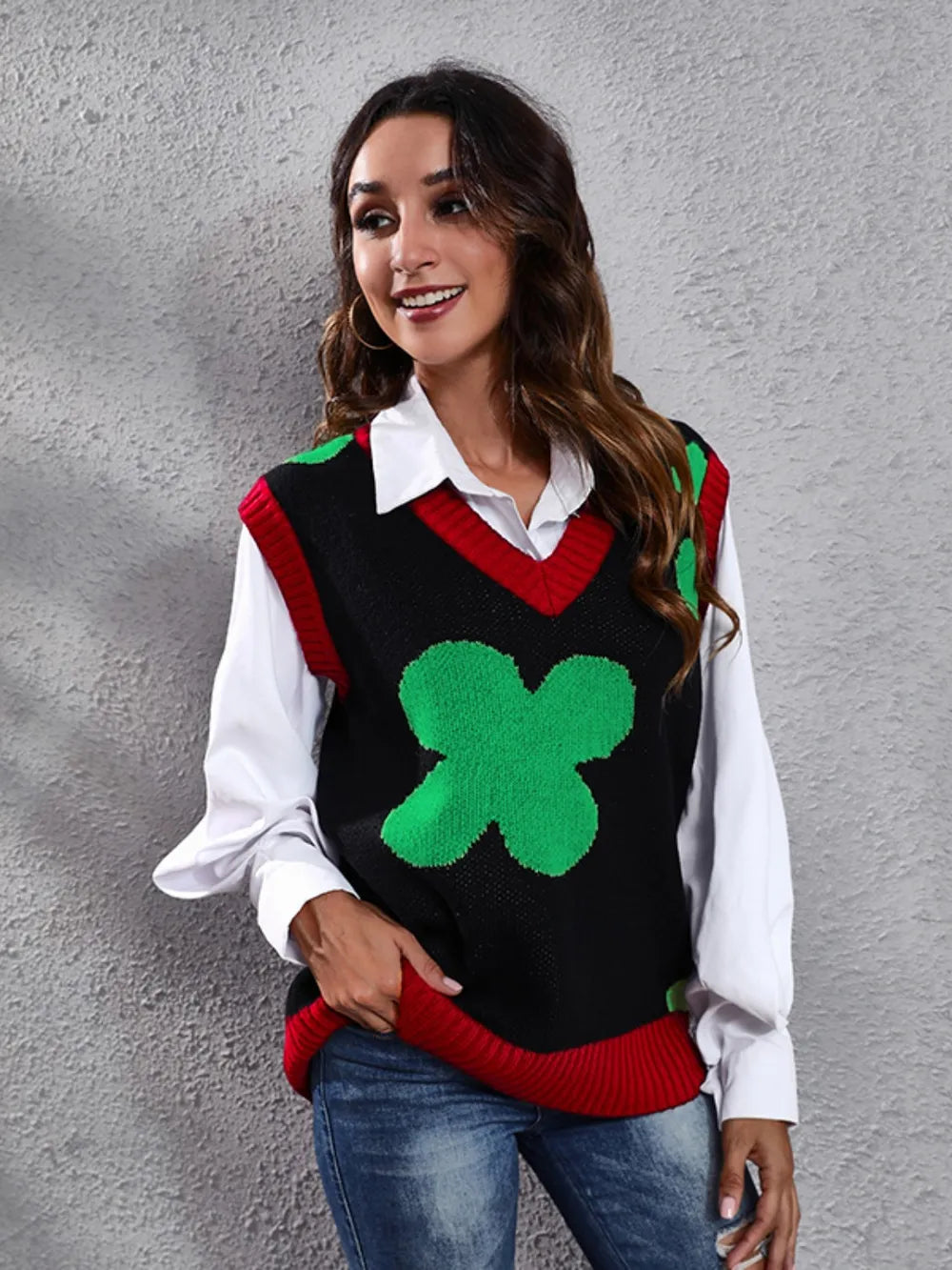 Four Leaf Clover V-Neck Sweater Vest in Black, view 4