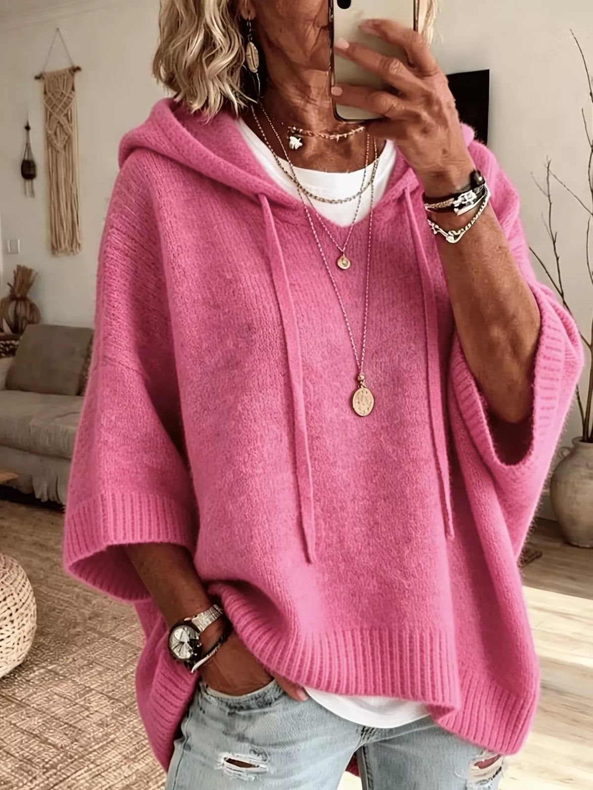 Casual Loose Fit Hooded Knit Sweater with Ribbed Hem in Pink