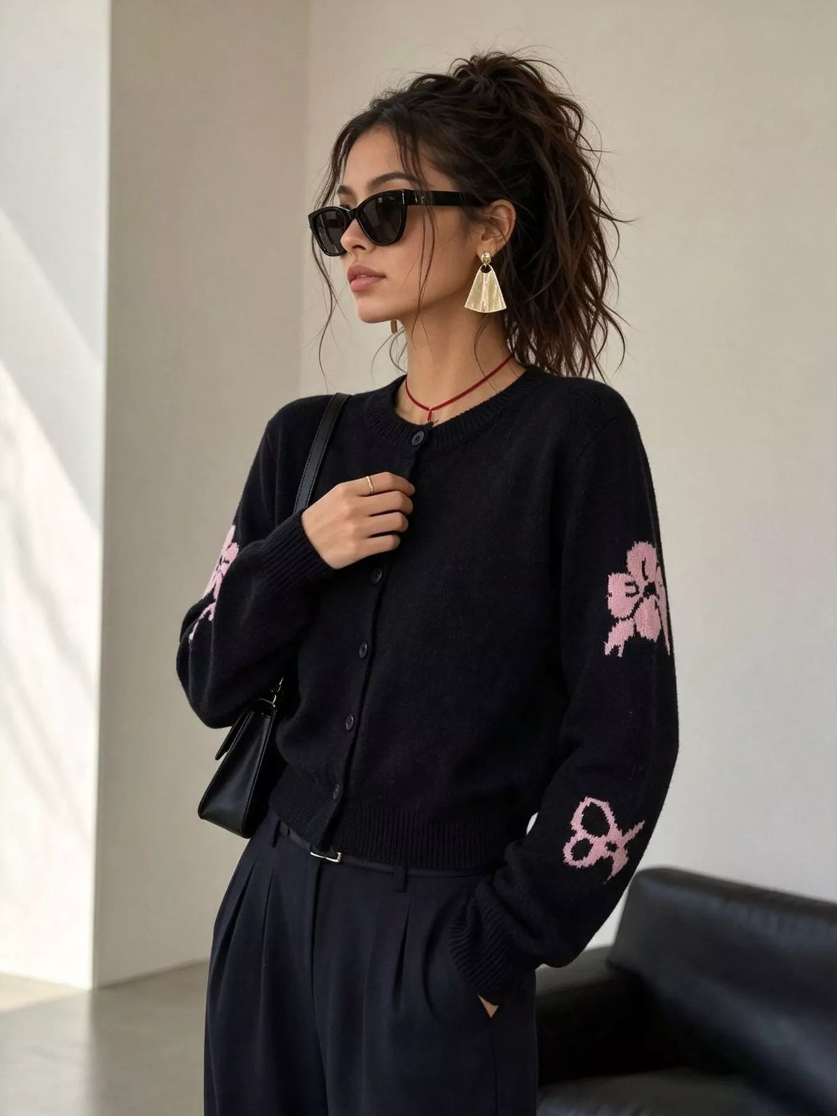 Floral Crew Neck Cropped Knit Cardigan, view 7