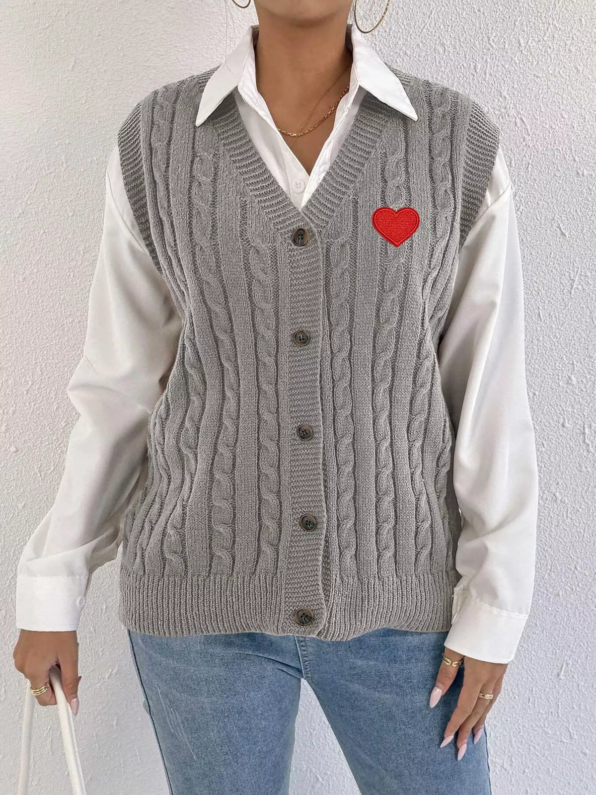 V-Neck Cable Knit Button-Down Sweater Vest with Heart Embroidery