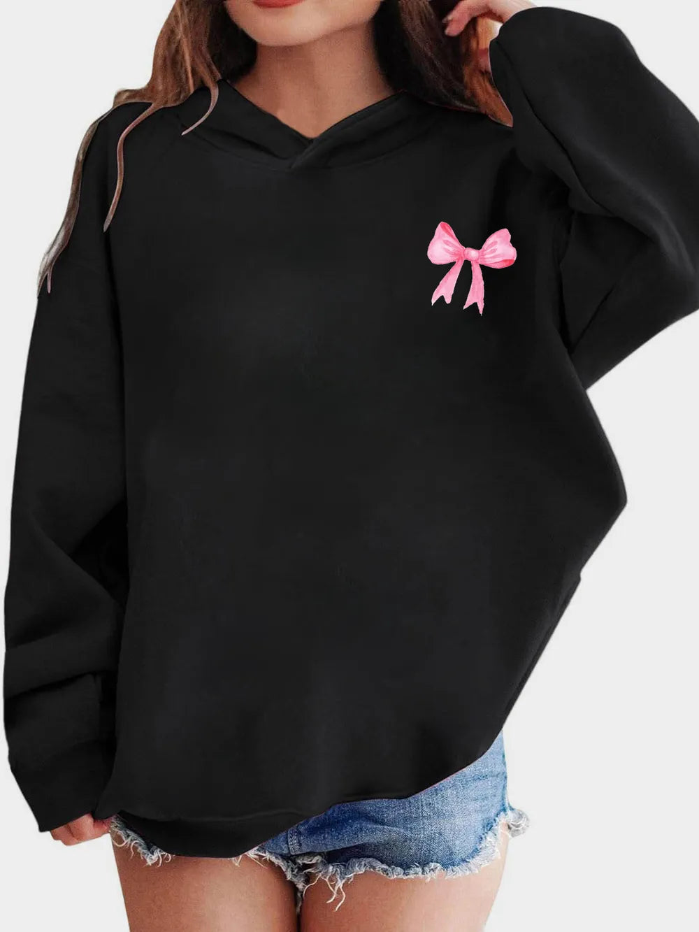Bow Print Long Sleeve Hoodie - Lilixa.store