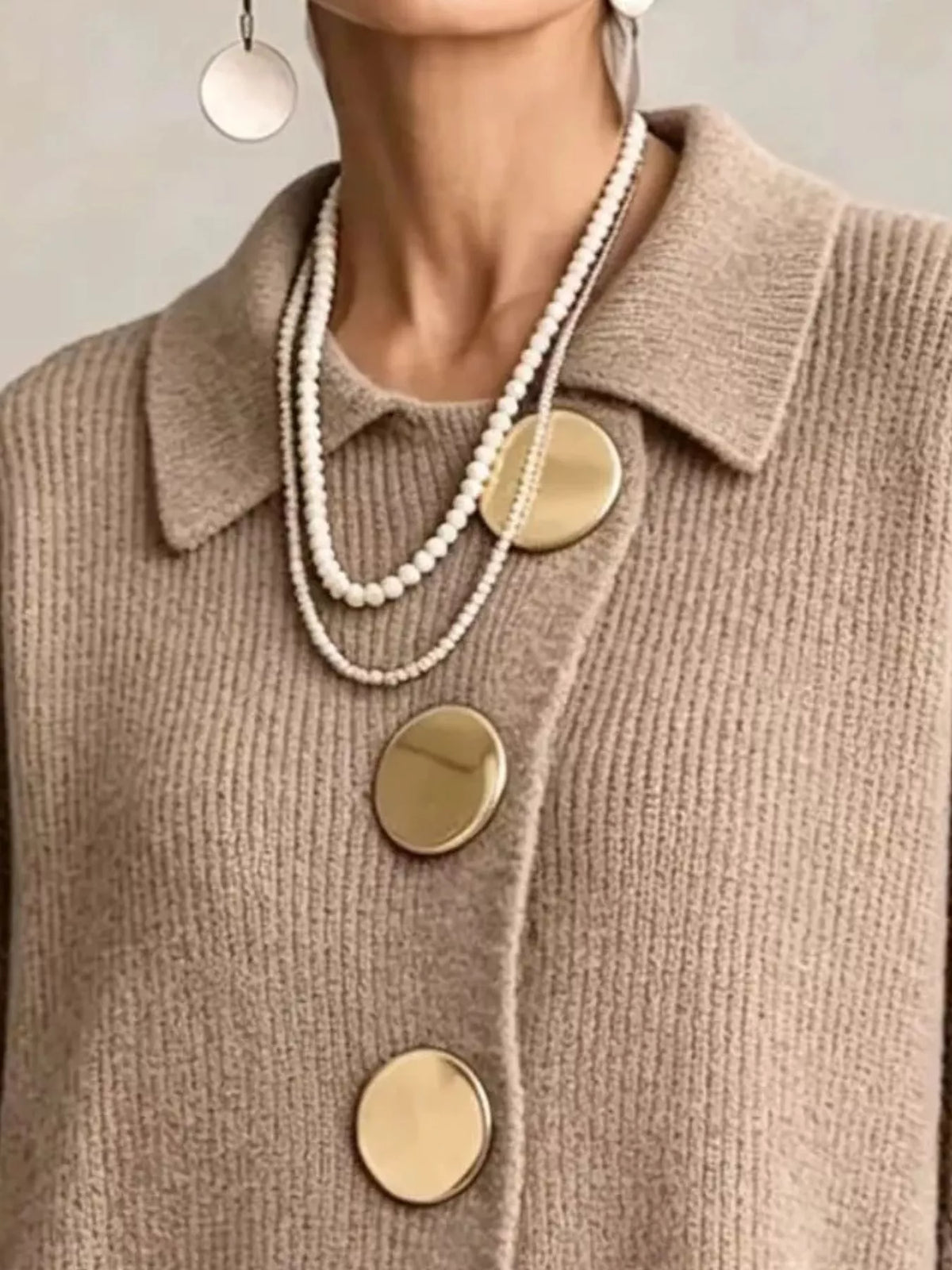 Full Size Gold Buttons Lantern Sleeve Cardigan Plus Size - Lilixa.store