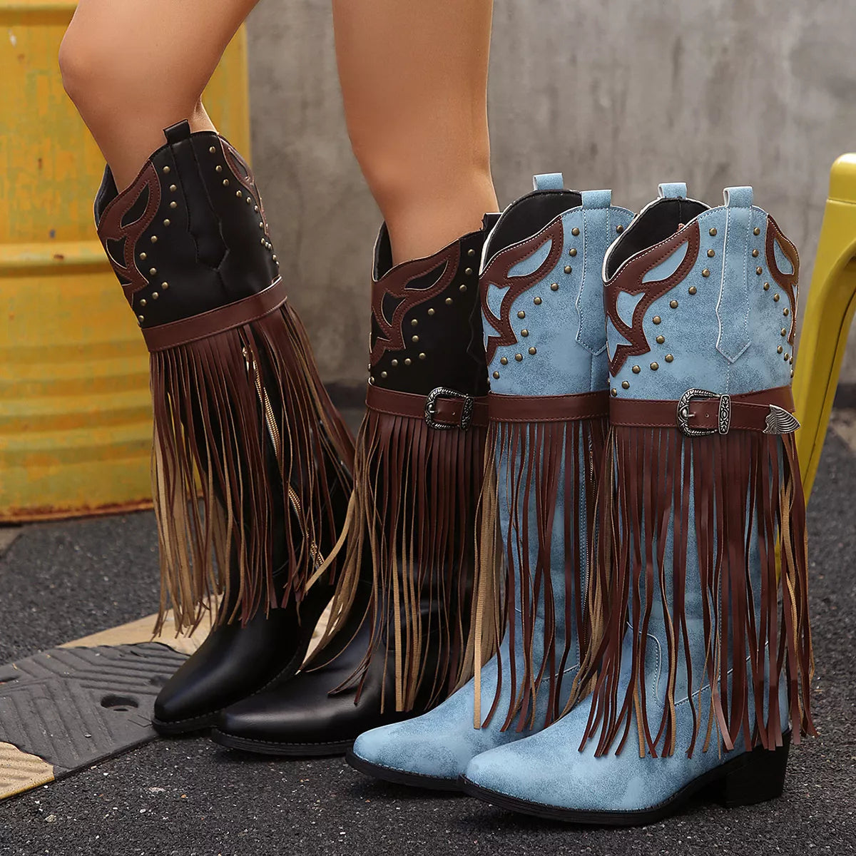 Fringe Block Heel Boots - Lilixa.store