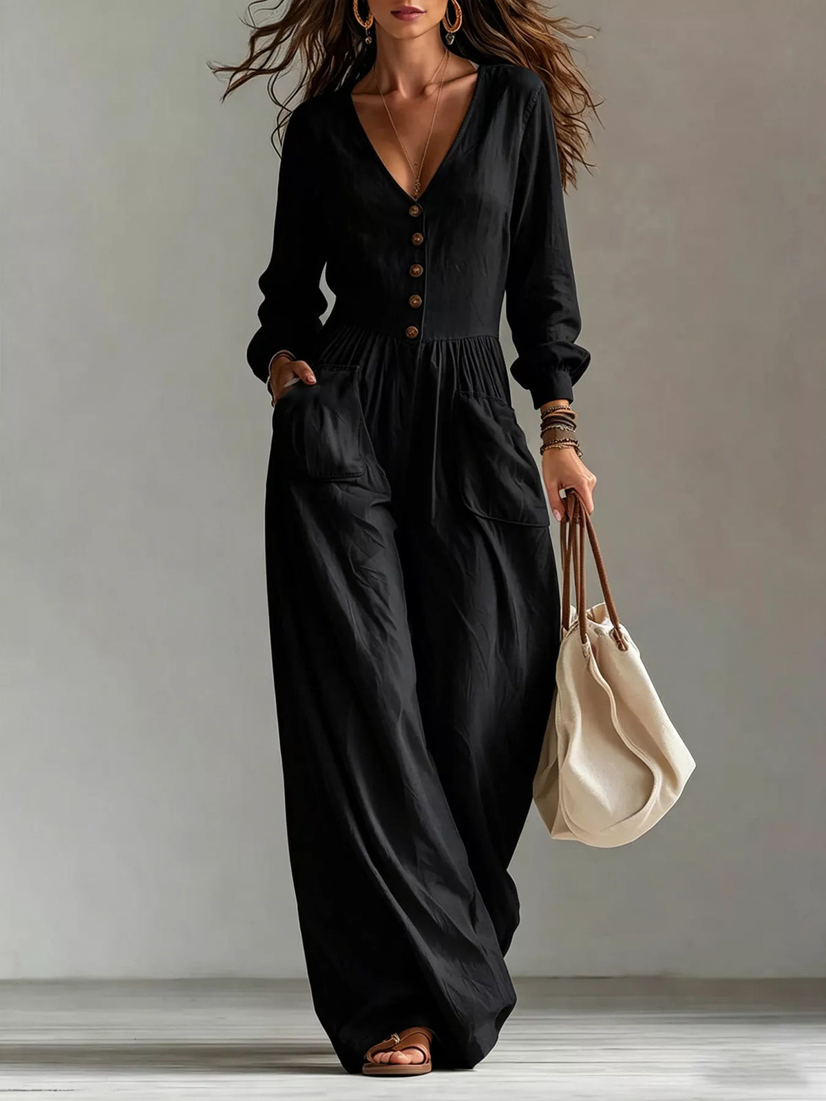 V-Neck Long Sleeve Button Front Wide-Leg Jumpsuit