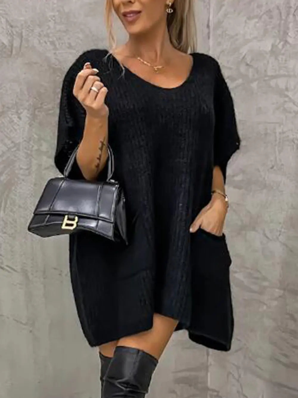 V-Neck Short Sleeve Sweater with Pockets in Black