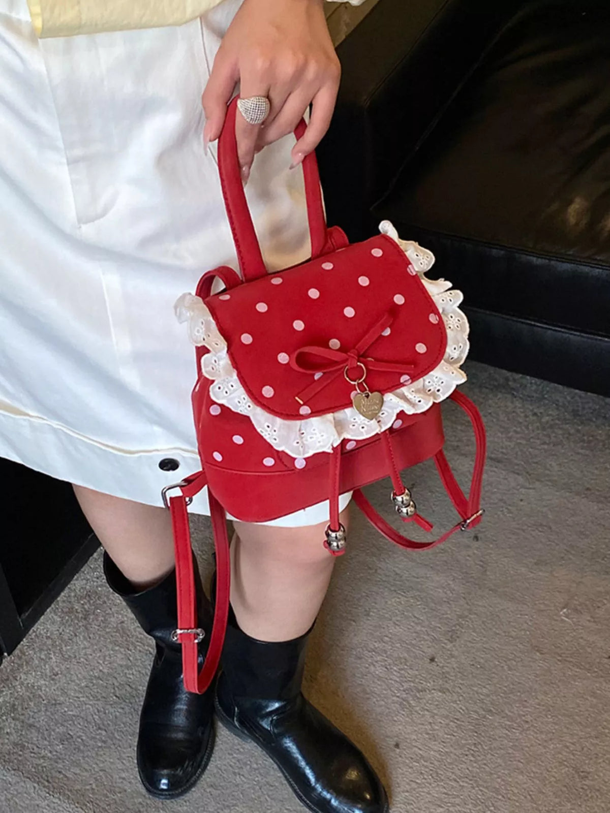 Polka Dot Lace Trim Backpack Bag - Lilixa.store