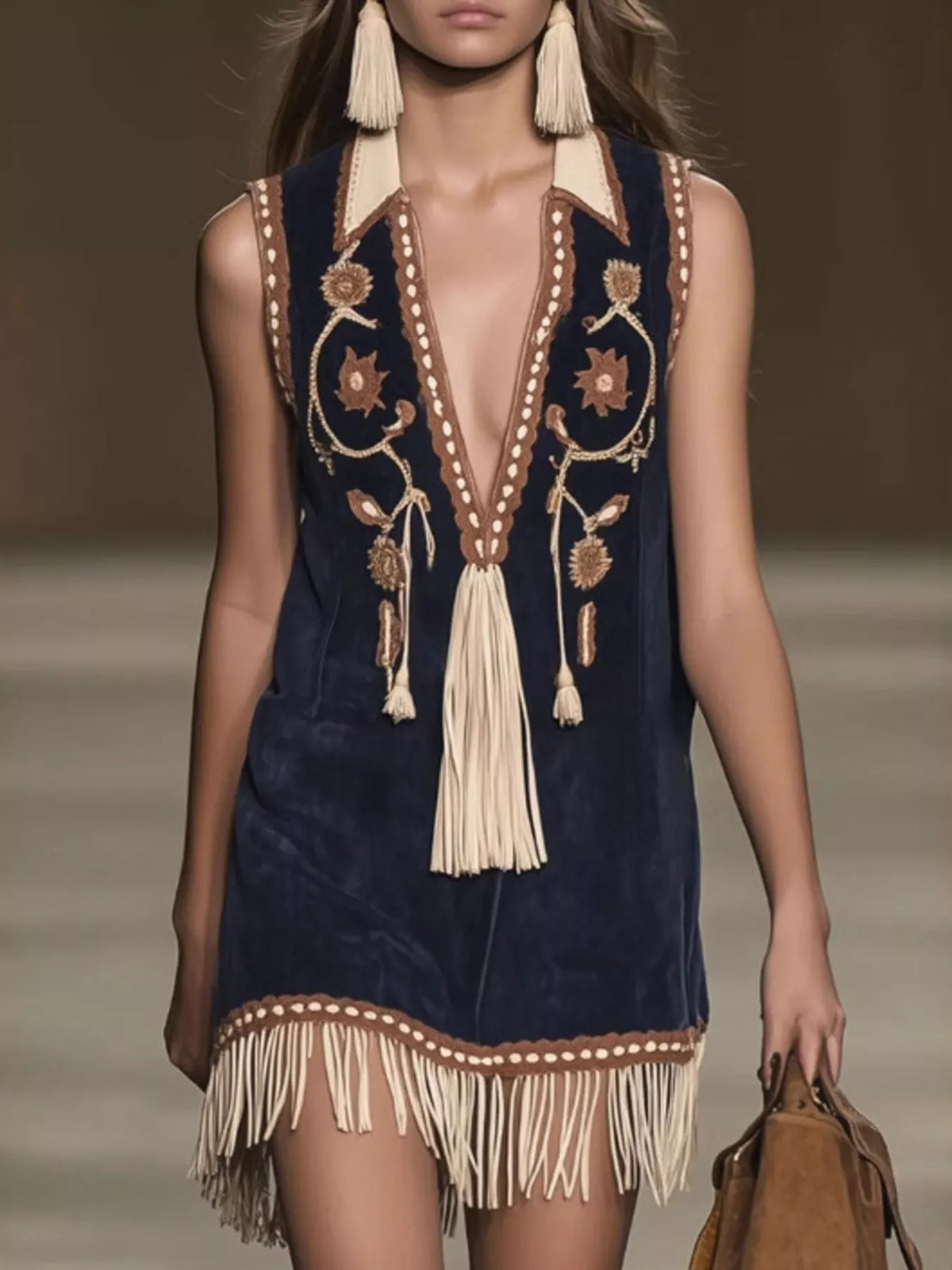 Full Size Embroidered Fringe Hem Sleeveless Dress Plus Size