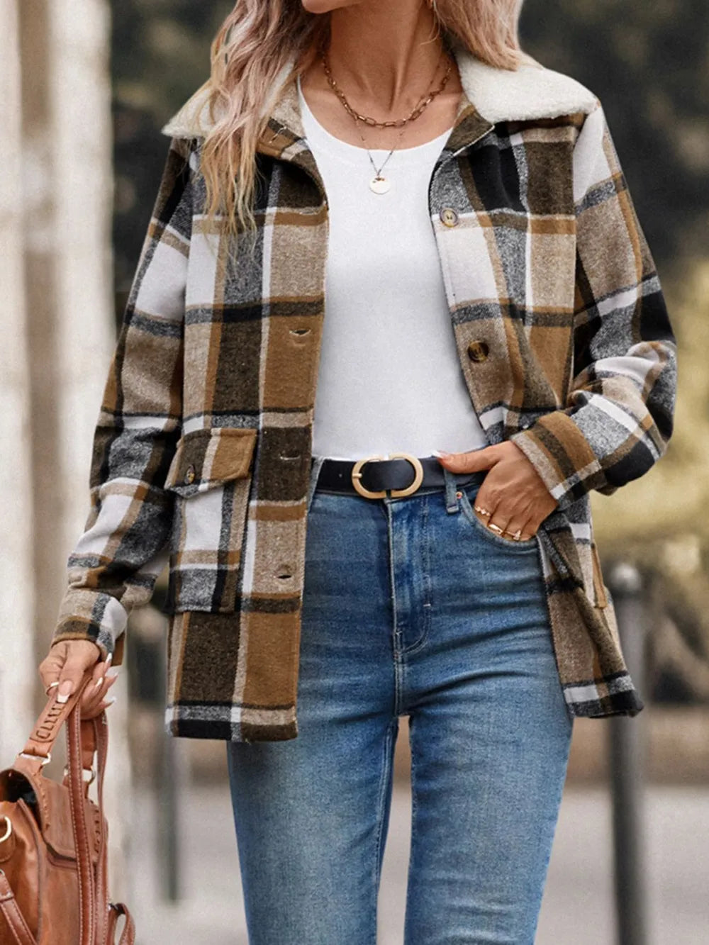 Perfee Pocketed Plaid Button Up Collared Neck Jacket in Camel, view 4