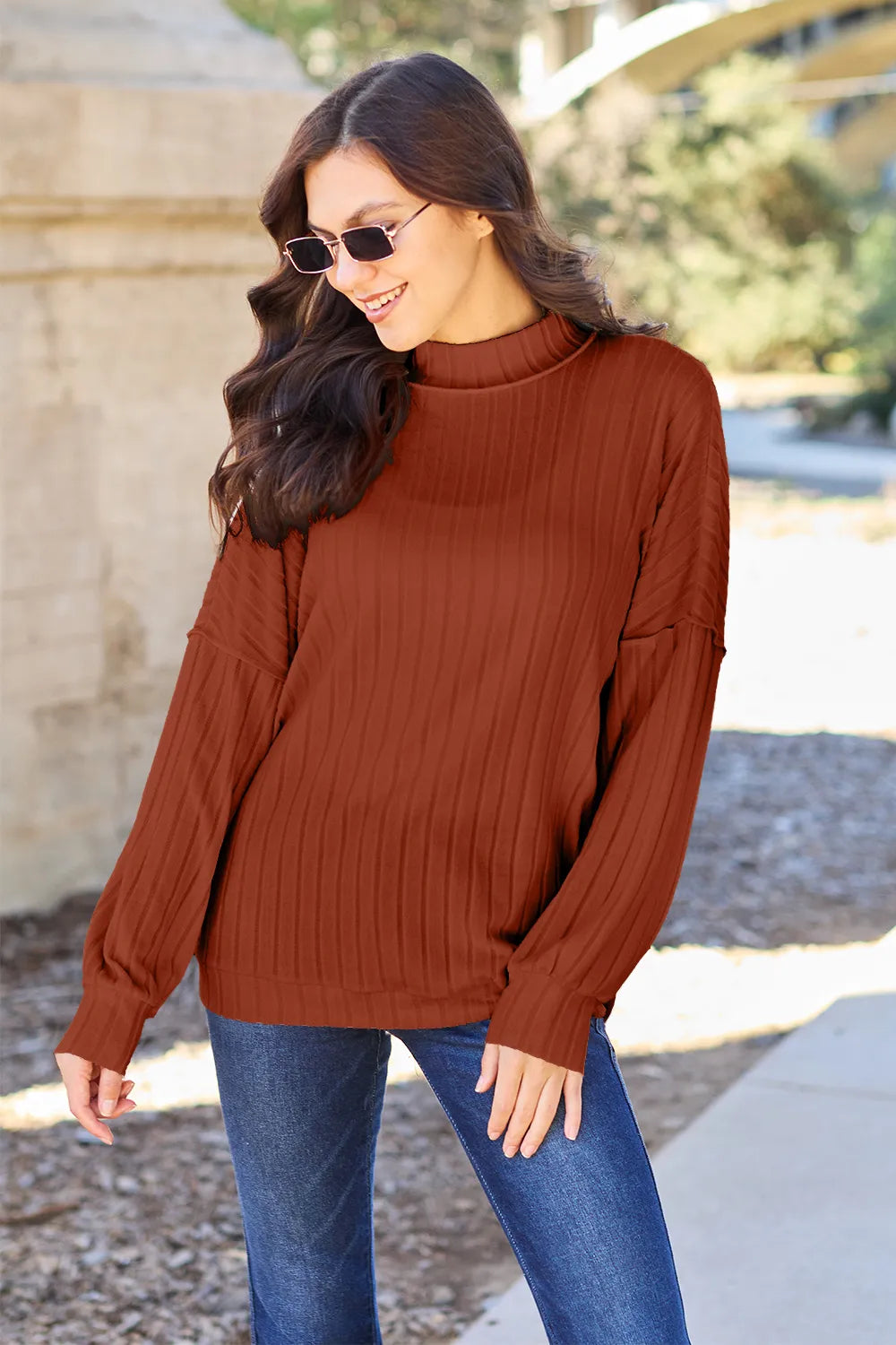 Basic Bae Full Size Ribbed Exposed Seam Mock Neck Knit Top - Lilixa.store