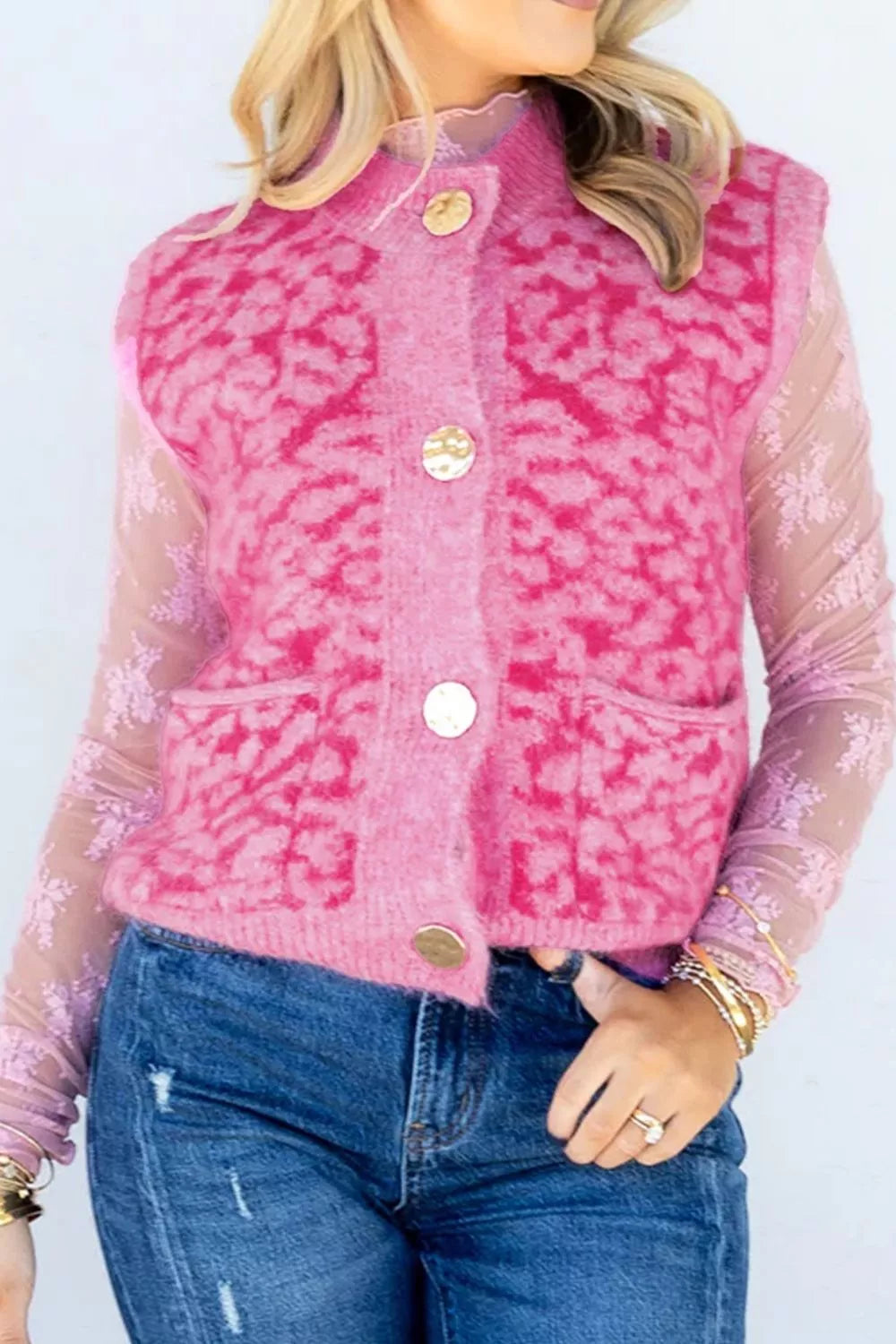 Leopard Button-Down Fuzzy Sweater Vest in Pink, view 4
