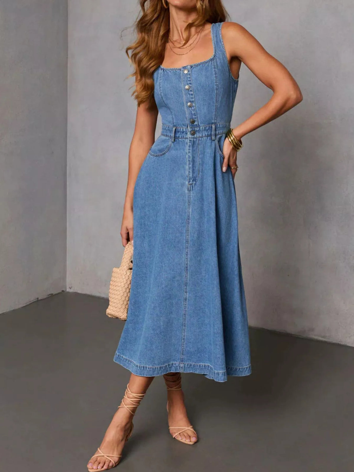 Sleeveless Button-Down Denim Midi Dress - Lilixa.store