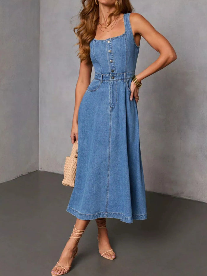 Sleeveless Button-Down Denim Midi Dress - Lilixa.store